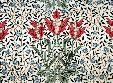 Image of the William Morris' Bourne textile design. It is a photographic image of the print on cotton. In white, blue, greens and pink.