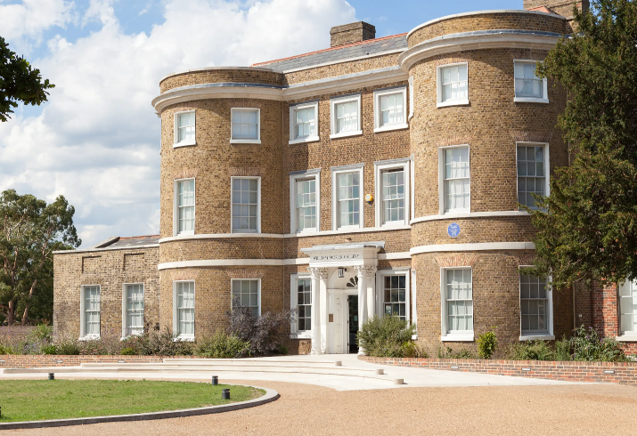 Exterior image of William Morris Gallery taken from a side angle - the image you would see when approaching the Gallery as a visitor through the entrance gates of the park.