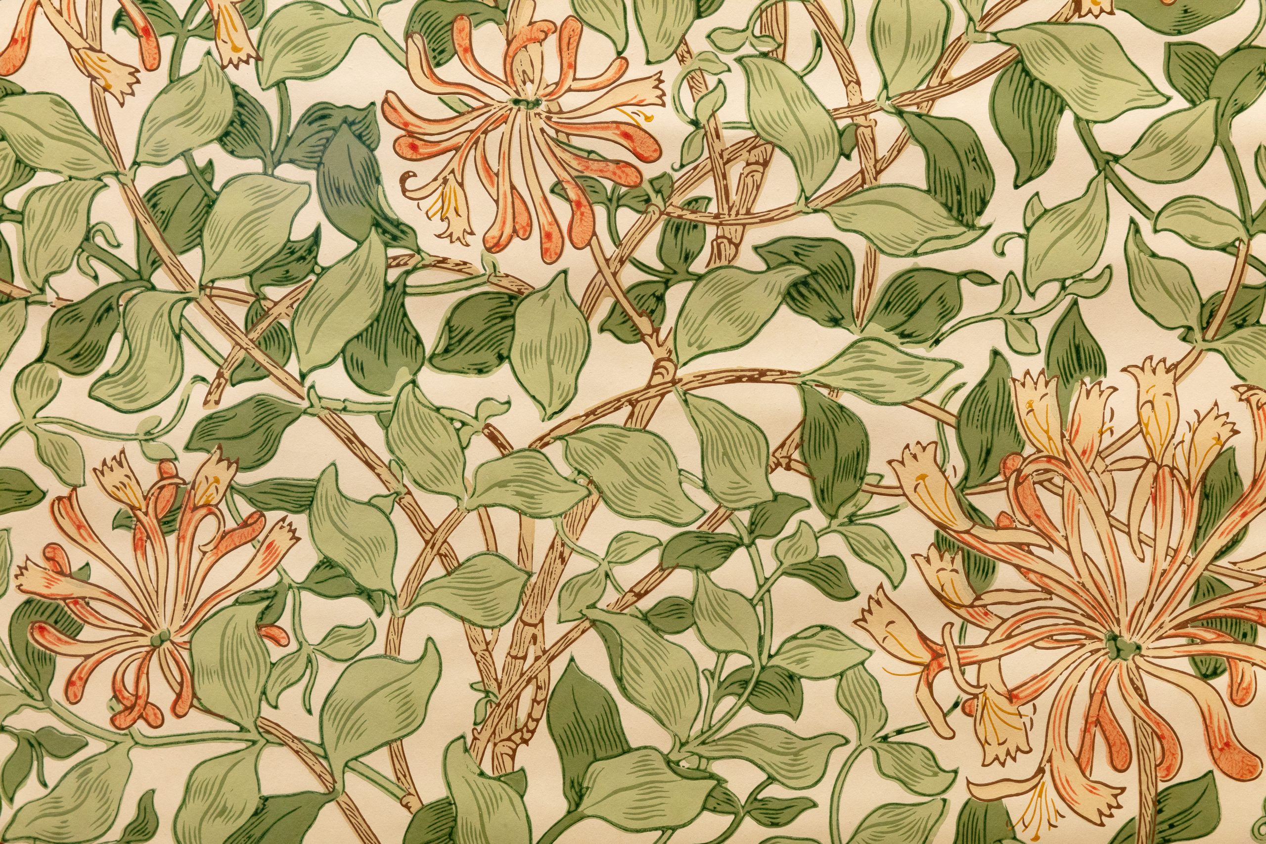 William Morris floral wallpaper design in greens, yellows, orange and cream