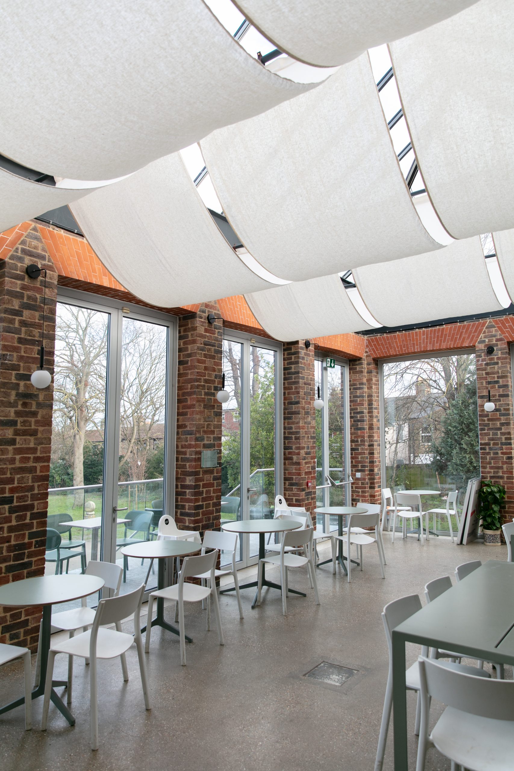 William Morris Gallery Cafe space. With fabric draped ceilings and views of Lloyd Park.