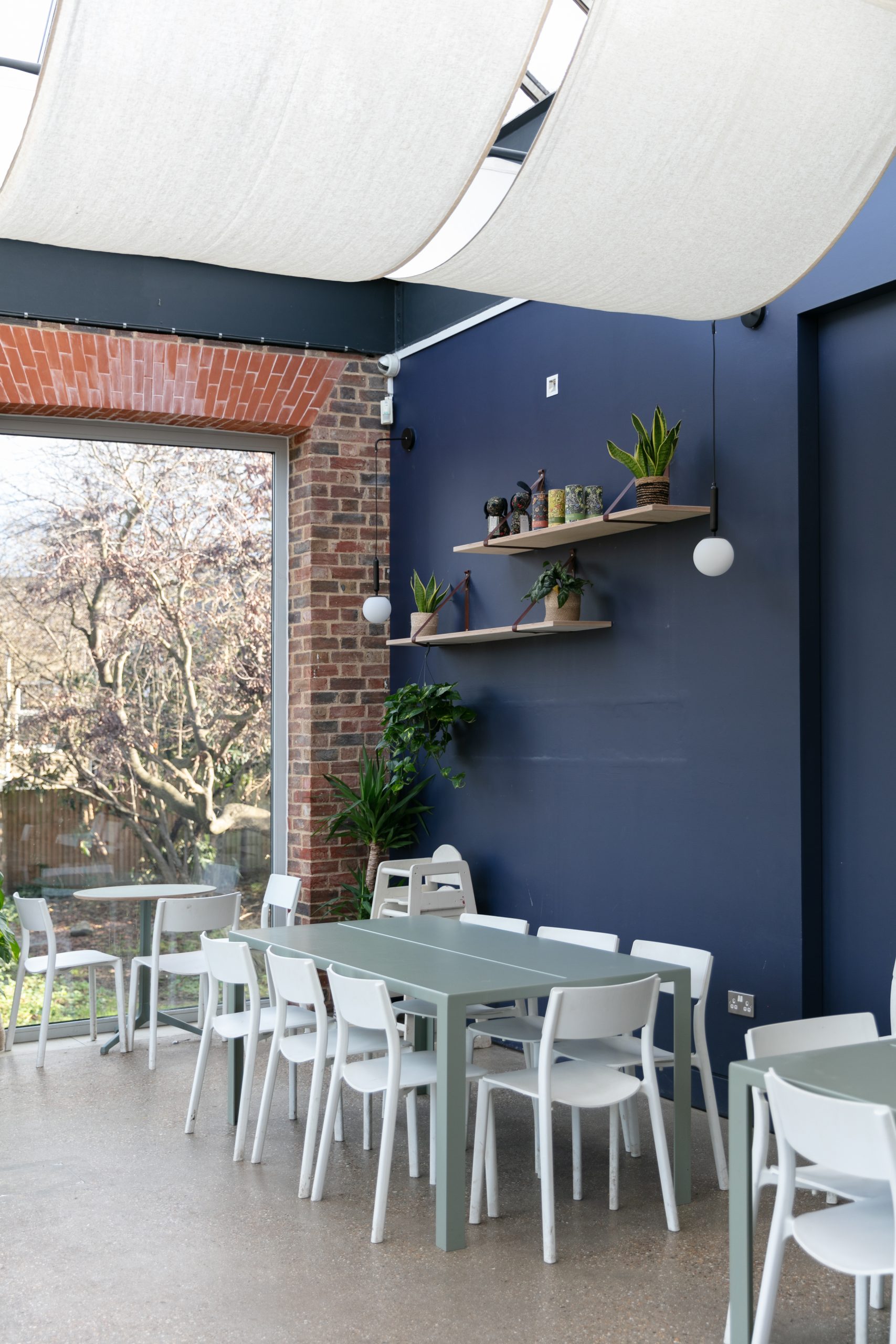 William Morris Gallery Cafe space. With fabric draped ceilings and views of Lloyd Park.