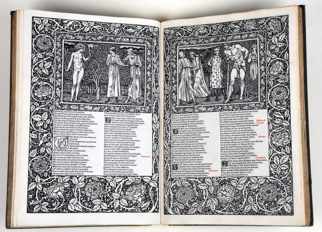 The Works of Geoffrey Chaucer, 1896. An open book on display at William Morris Gallery.