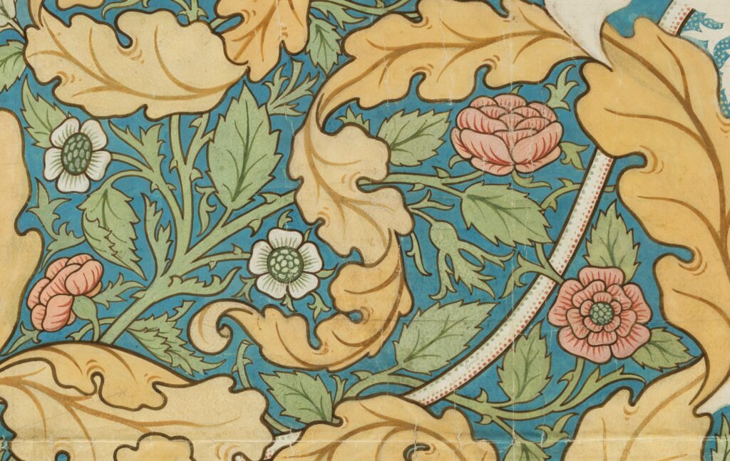 Design for Acanthus and Rose wallpaper. Floral pattern in blue, green, gold and pink.