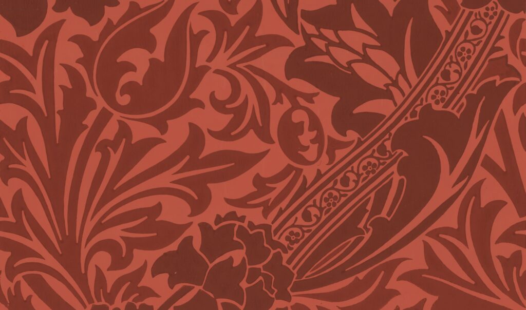 Pattern of decorative ribbons intertwined with large flowers and foliage