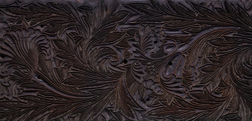 Wood block for printing the Tulip design by William Morris
