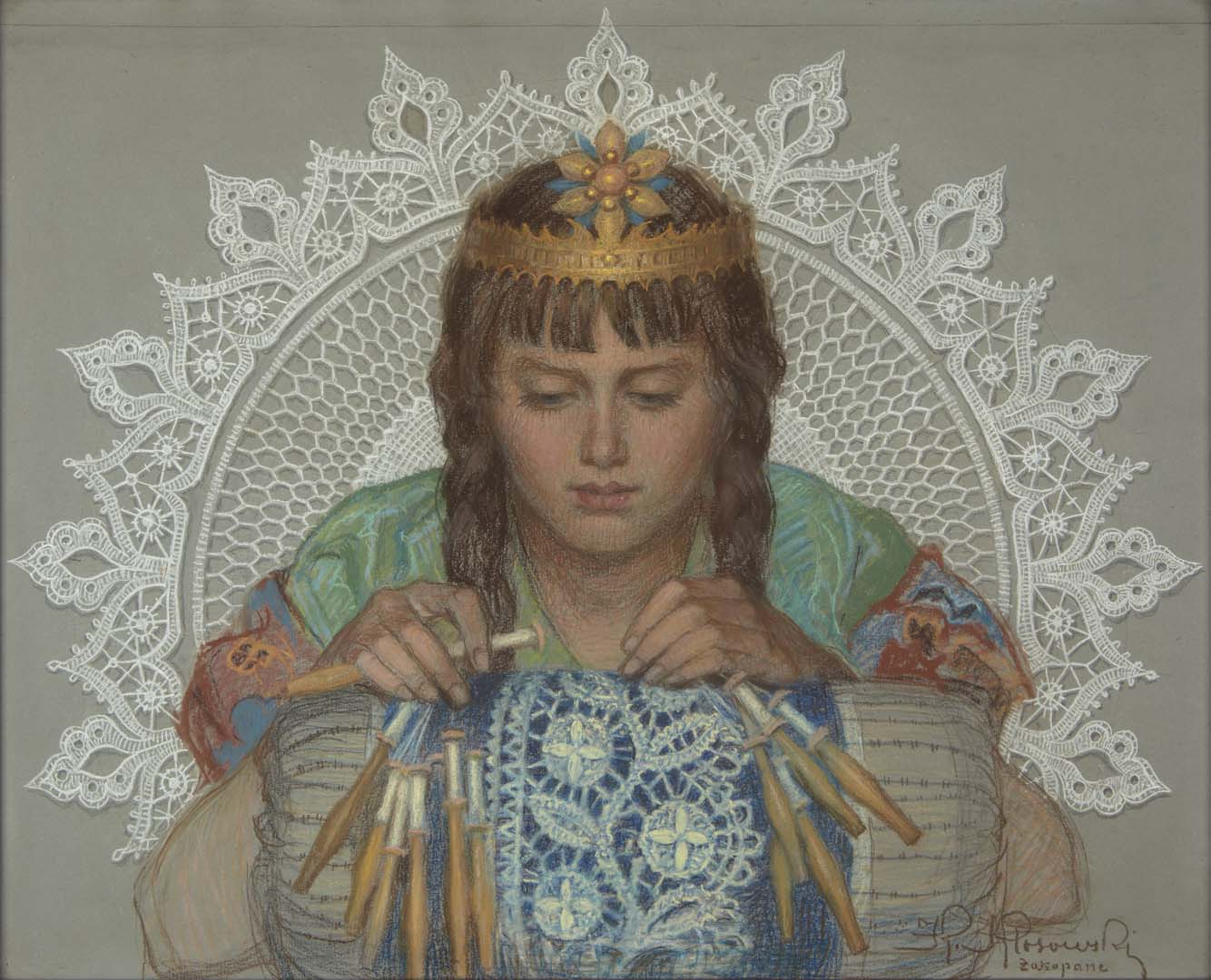 A painting featuring a womanl making lace