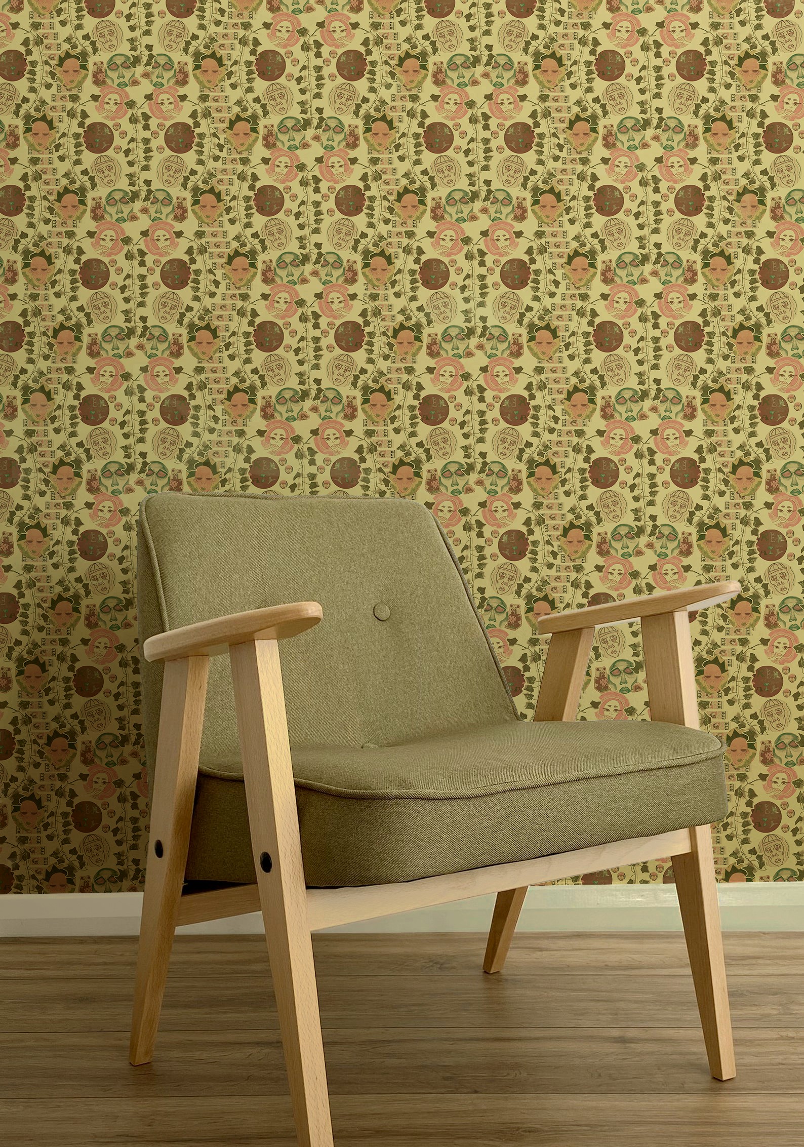 A chair sitting against a wallpapered wall.