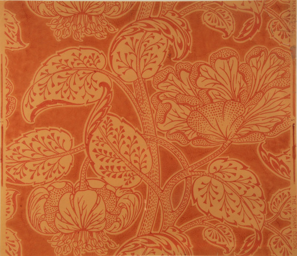Lilies and large flower heads, rust brown on buff background