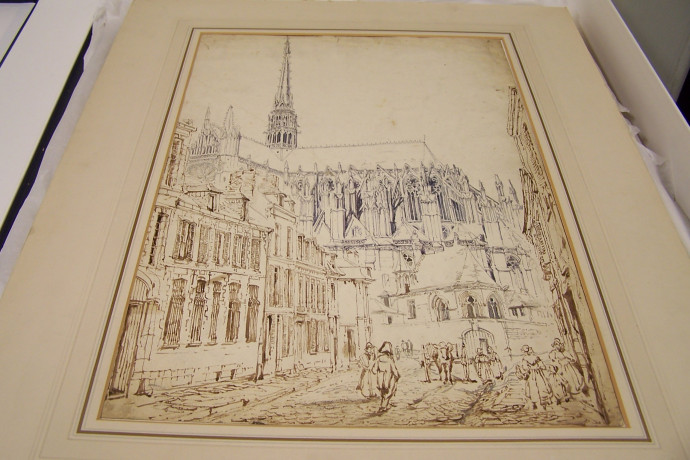 Street scene with cathedral in background