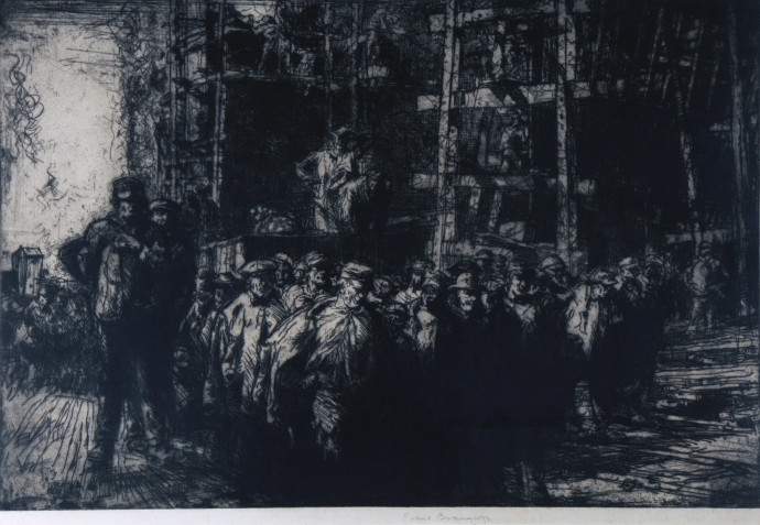 Gangs of workmen walking home at dusk