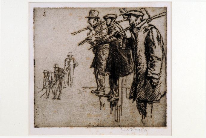 Two trios of men in overcoats and hats,  one with shouldered brooms, the other sweeping