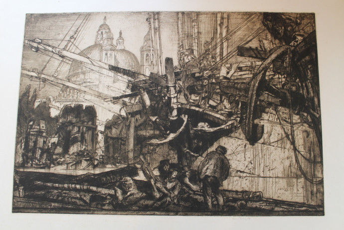 Barge foreground with figures, one playing guitar. Sail boats moored on canal beyond with view through rigging to domed church background