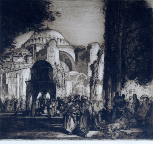 Groups of Arab men in the shade in front of the sunlit mosque domes