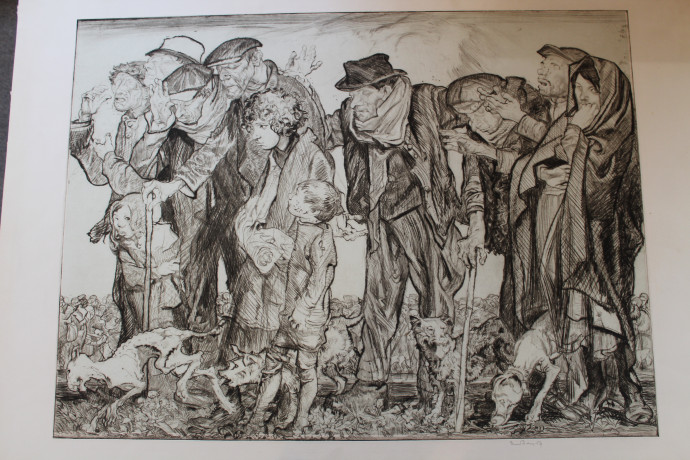Group of cripples, blind men, sick women and children with dogs foreground; crowd of similar figures in distance background