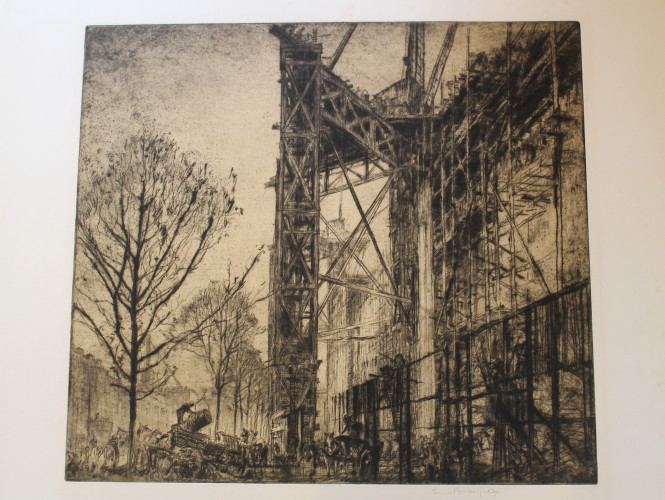 Large wooden scaffolding centre leading to building under construction, figures foreground left unloading materials from carts, trees and buildings left background