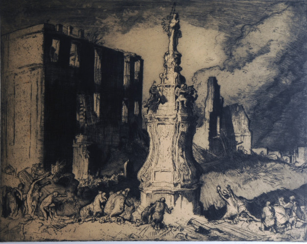 Worshippers kneel around the sunlit statue, with shadowed buildings and dark cloudy sky beyond