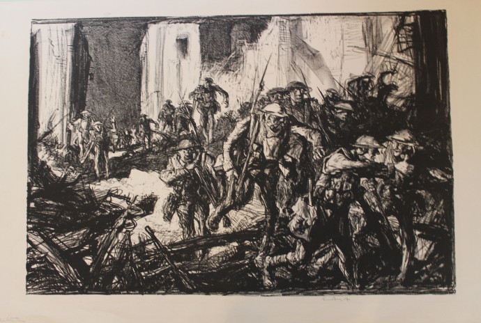 Soldiers foreground, running and climbing over debris in street with ruined houses and soldiers beyond