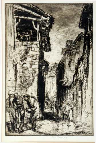 Old men stand to talk in the sunlight of a narrow busy street, tall buildings on each side