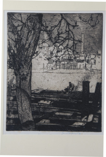 Trunk and branches of tree with barges and workmen beyond , quayside buildings on far side of river