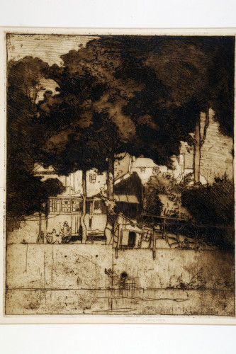 Riverside houses seen beyond trees, with river wall and river in foreground