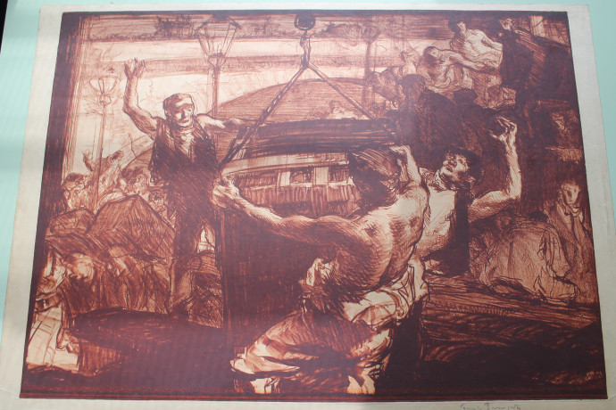 Sanguine print of workmen manoeuvering a crate suspended by a hook, other figures carrying bales in background