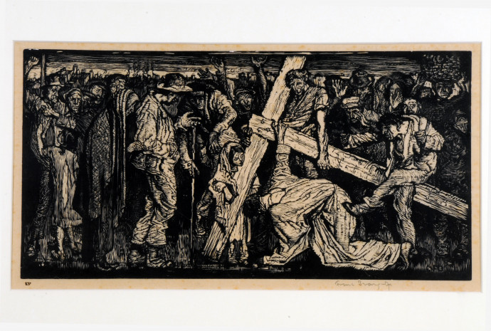 Crowd jeering, and man kicking, Christ fallen under the weight of the Cross, now carried by Simon of Cyrene