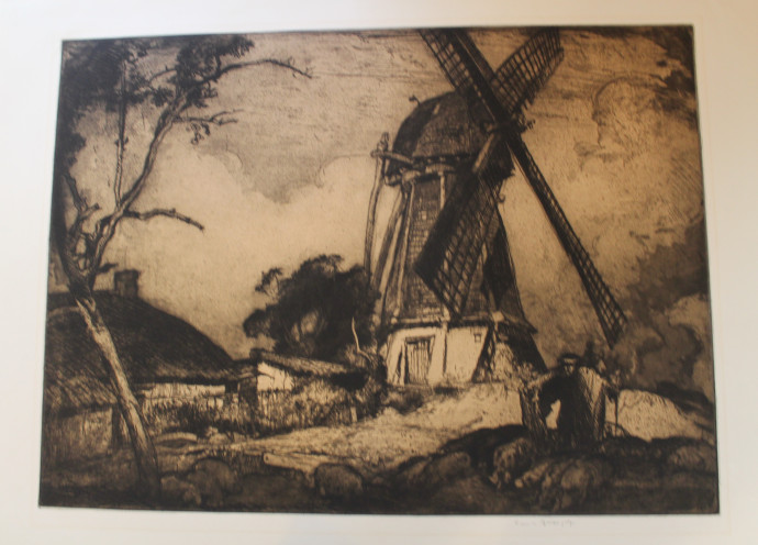 Herd of pigs left foreground, swineherd with pigs right; low cottages and windmill centre background