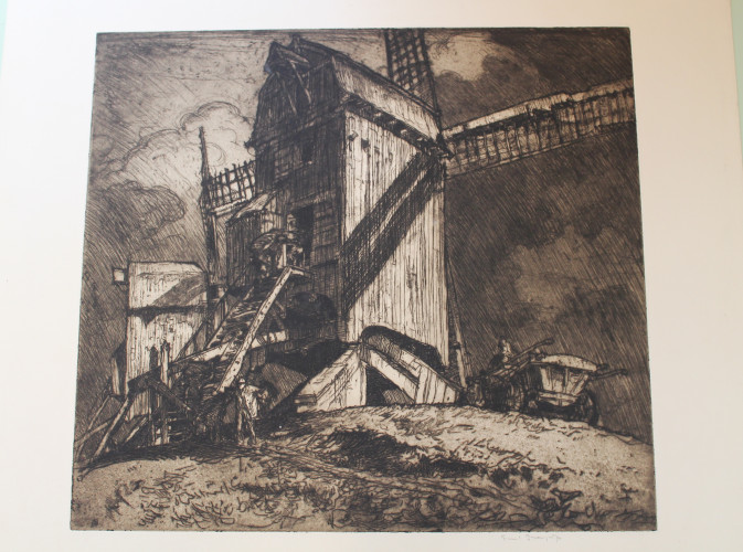 Windmills on crest of hill with figures carrying sack foreground, cart and figures right