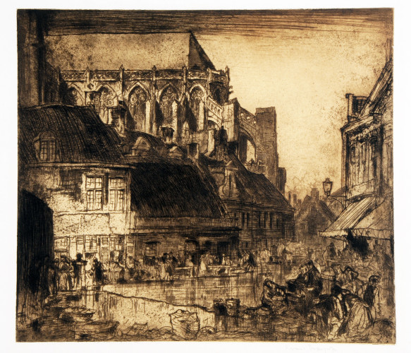 Market place with figures and stalls in foreground with apse of Gothic church background