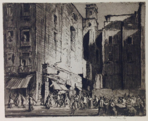 Open square with figures at market stalls foreground right, buildings with shops and figures left, tall buildings background right.