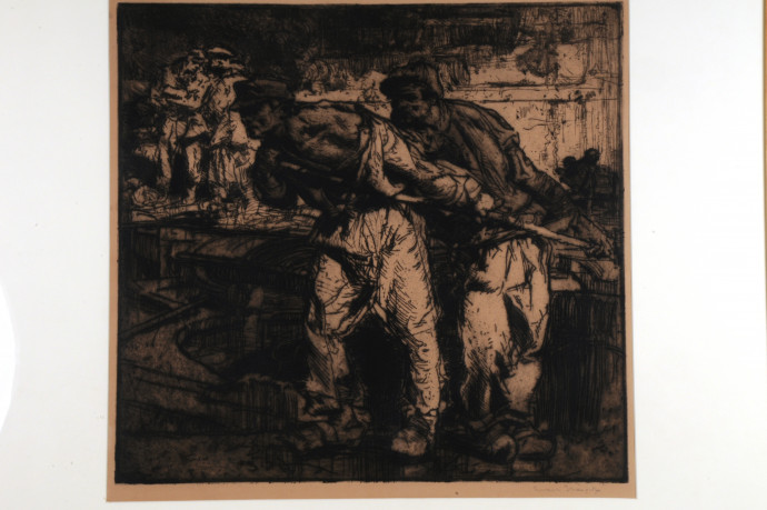 Dark image of two boatmen pulling rope in foreground