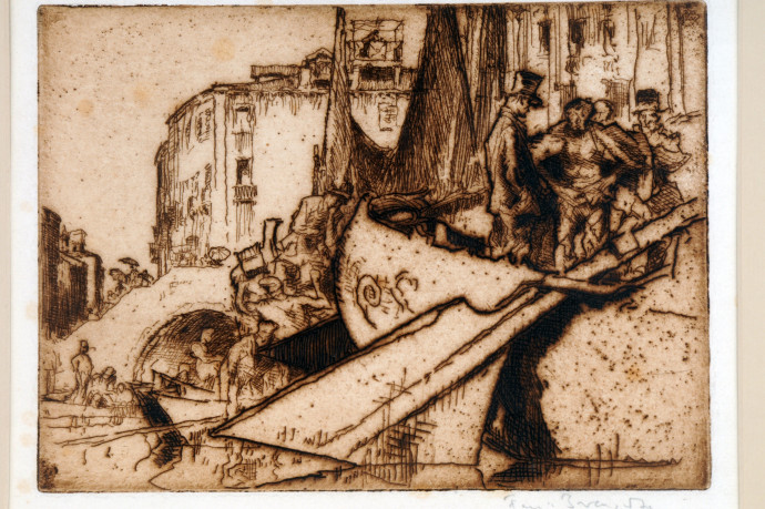 Venetian boat with passengers, bridge and building beyond