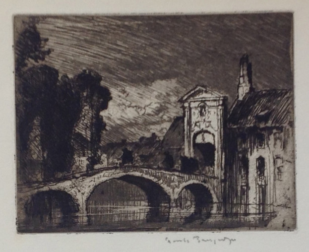 Tripple arched bridge centre with gateway and houses right