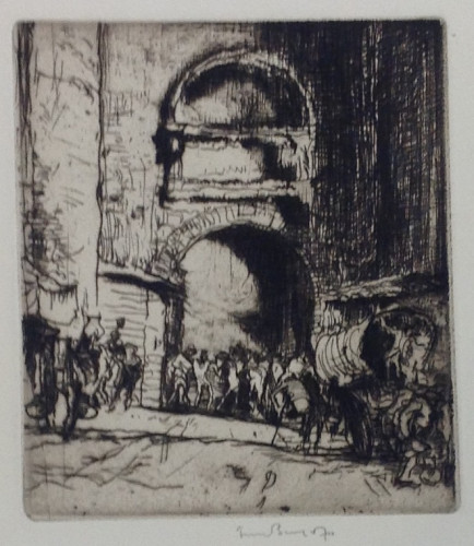 Gateway with niche above and figures below, a horse-drawn caravan right