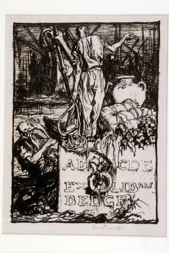 Back view of man standing on inscribed stone plinth, with kneeling figure alongside