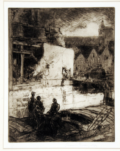 Etching of moored barges with seated figures foregroun, brewery beyond , with old houses and church tower in background