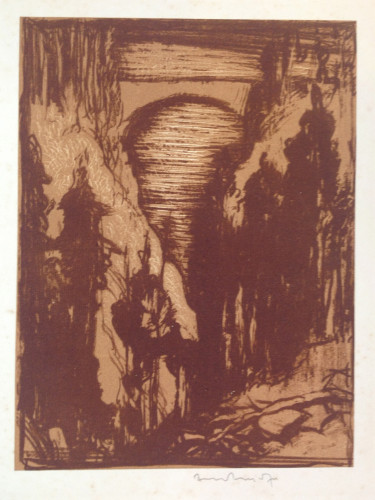 View up ravine with steep tree-covered slopes to bridge above in background in dark brown and sepia