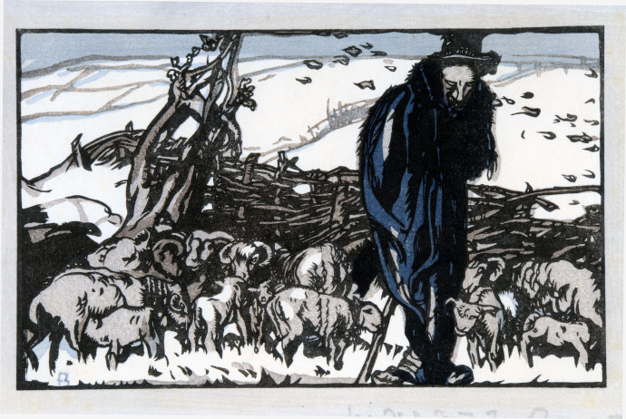 Shepherd in blue overcoat with flock sheltering against a hurdle on a snow-covered hillside