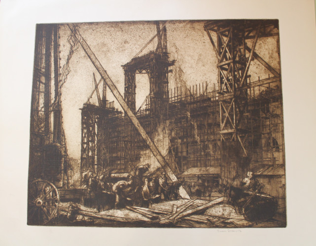 Building materials foreground, workmen with shovels unloading cart beyond building under scaffolding background