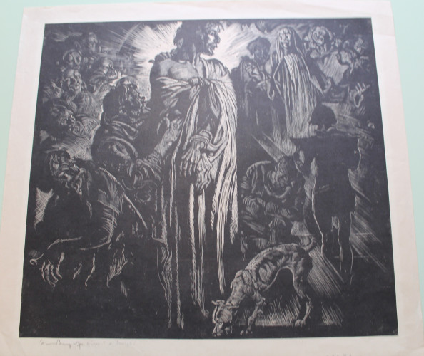 Image of Christ with hands bound before him pulled by two men, Pilate among a group of figures background