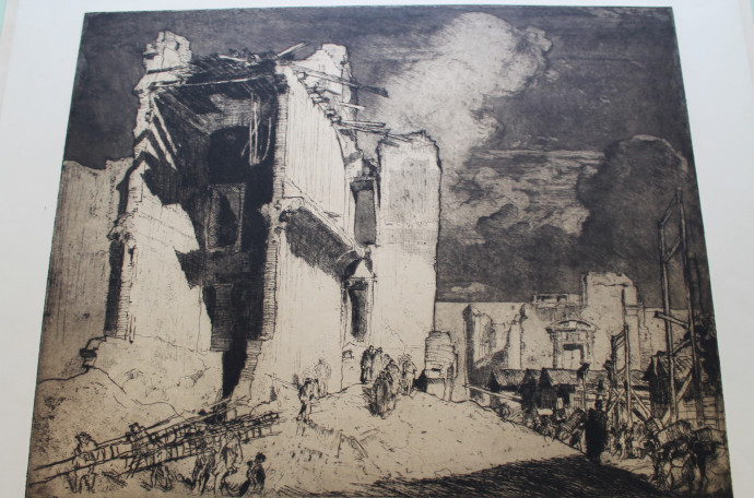 Image of ruined buildings with figures carrying ladders foreground, and refugees carrying bundles near ruined church background
