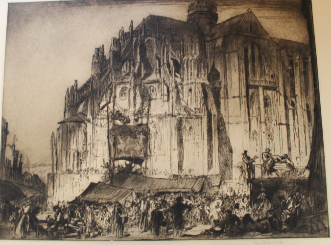 Image of church with tents and crowds of people in the foreground