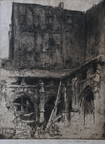 Building and cathedral cloisters towering over workmen in foreground