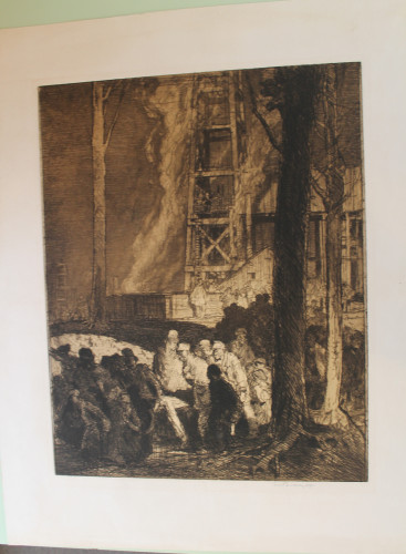 Men carrying figure on stretcher with crowd of weeping women foreground; mine shaft and buildings beyond seen through trees