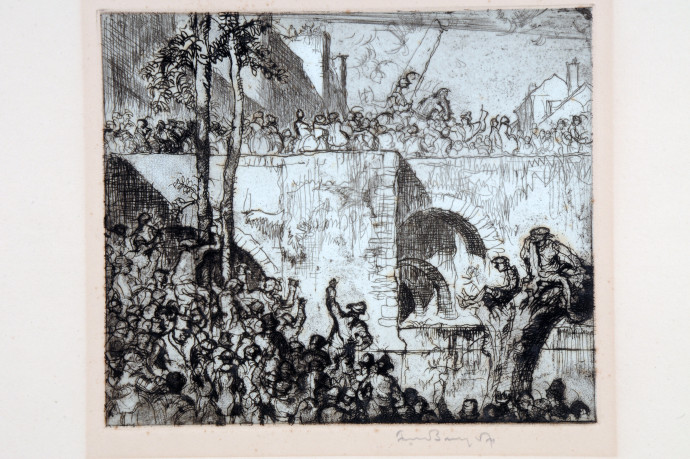 Mounted rider crossing bridge from castle with crowds cheering below