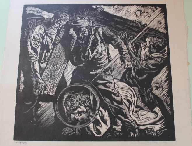 Christ fallen to the ground centre, figures left and right lifting cross onto the shoulder of Simon of Cyrene standing centre over the figure of Christ