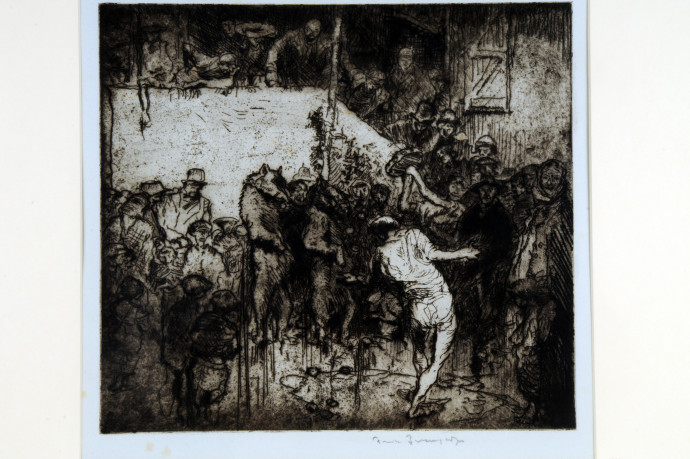 Rear view of mountebank performing for a surrounding crowd