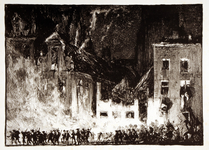 Etching of people in foreground with ruined buildings behind