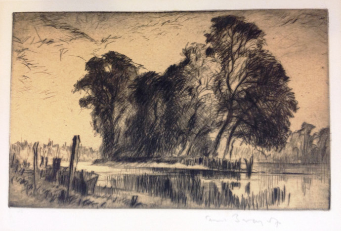 Path foreground left, beside river with tree-covered islet in midstream beyond