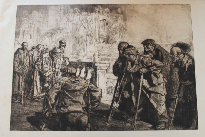 Group of crippled people and beggars foreground,  other figures ascending flight of steps towards group standing at top background left